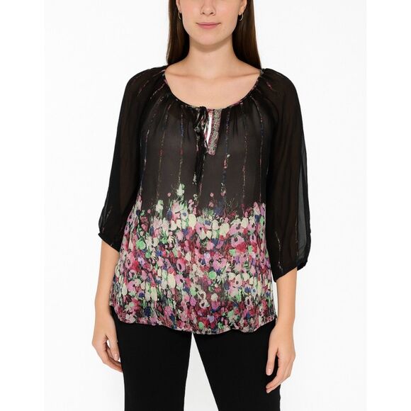 Maeve Anthropologie Black Sheer Multicolored Floral Cold Shoulder Top Size M - Picture 1 of 13